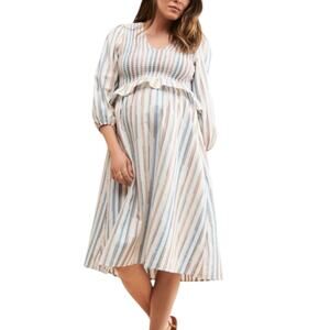 Frances Hart Maternity Maritza Dress Smocked Multicolor Striped Cotton Sz Large